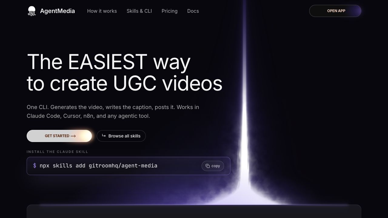 Agent Media before: the hero promises video generation, captions and posting.