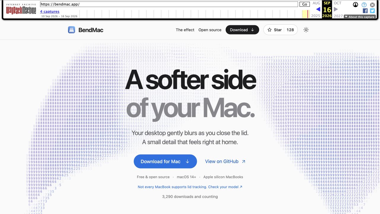 BendMac after the change. The download area specifies Apple silicon MacBooks and links to a model compatibility check.