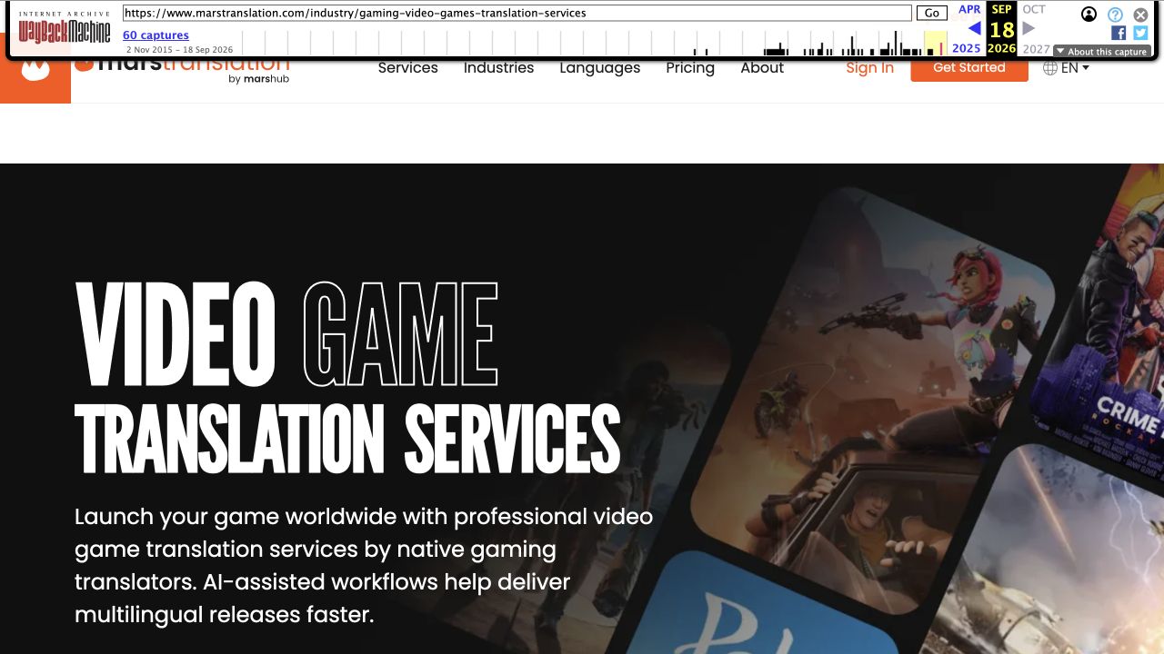 MarsTranslation gaming page after the change. The hero highlights native gaming translators and AI-assisted workflows.