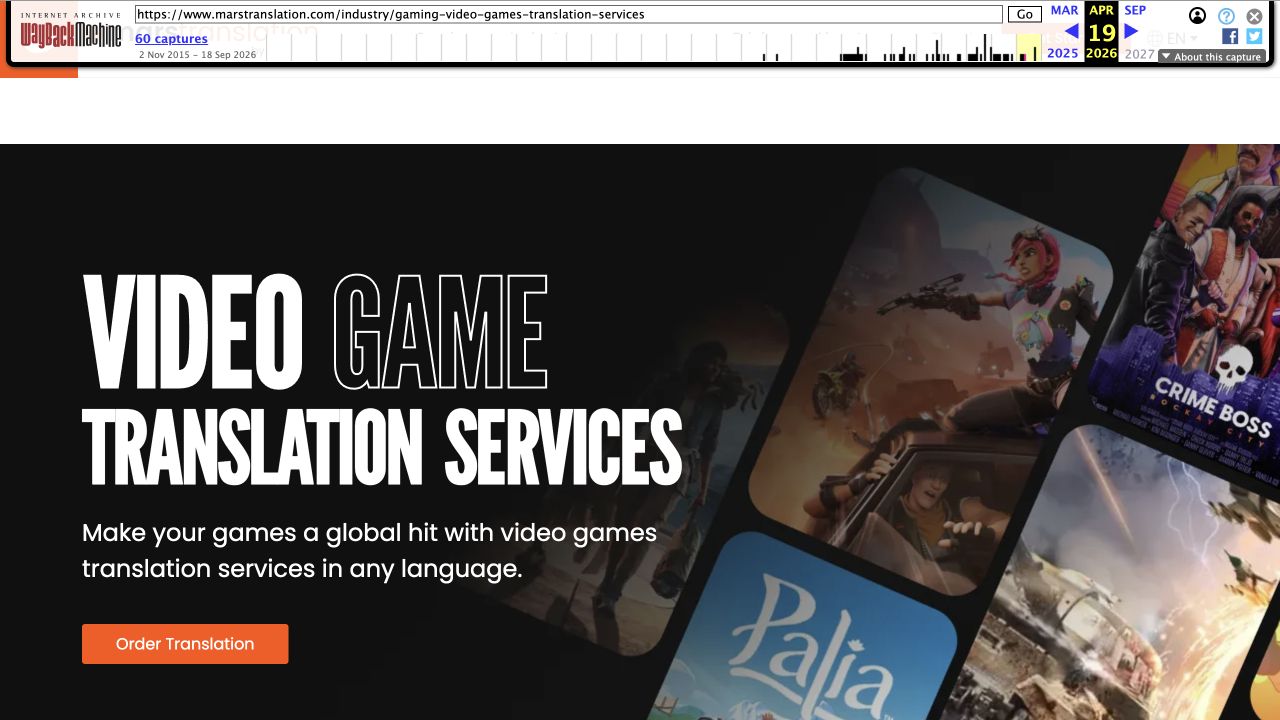 MarsTranslation gaming page before the change. The hero offers video game translation services in any language.