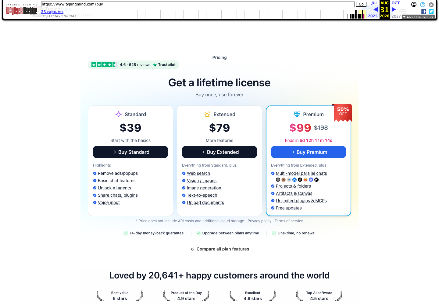 TypingMind pricing after the redesign, showing clearer plan inheritance, Trustpilot reviews and purchase reassurance. Archived August 31, 2026.