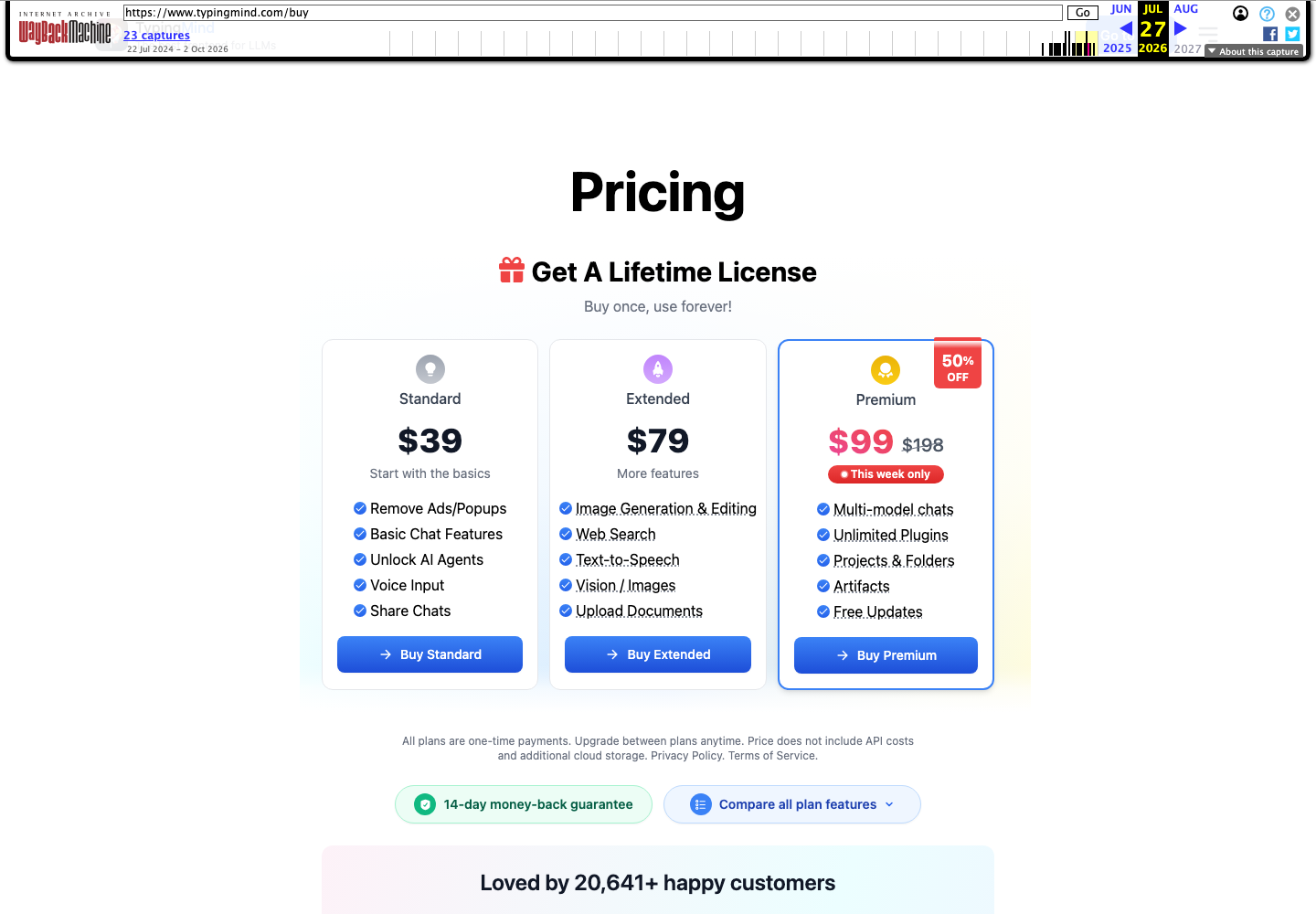 TypingMind pricing before the redesign, showing three lifetime plans followed by a customer count. Archived July 27, 2026.