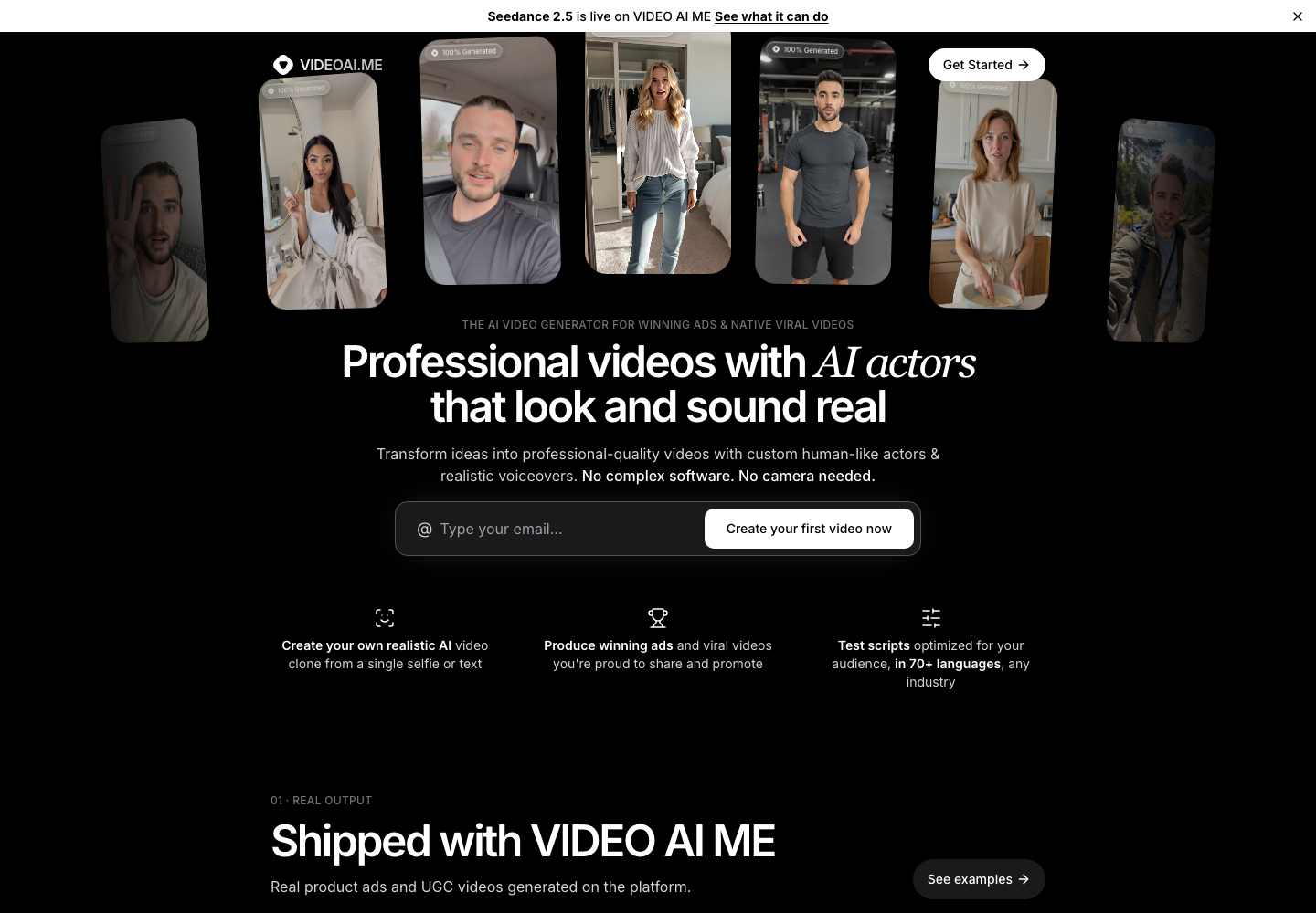 VIDEO AI ME after the change. A dark homepage adds generated labels, launch context and a section of shipped output.