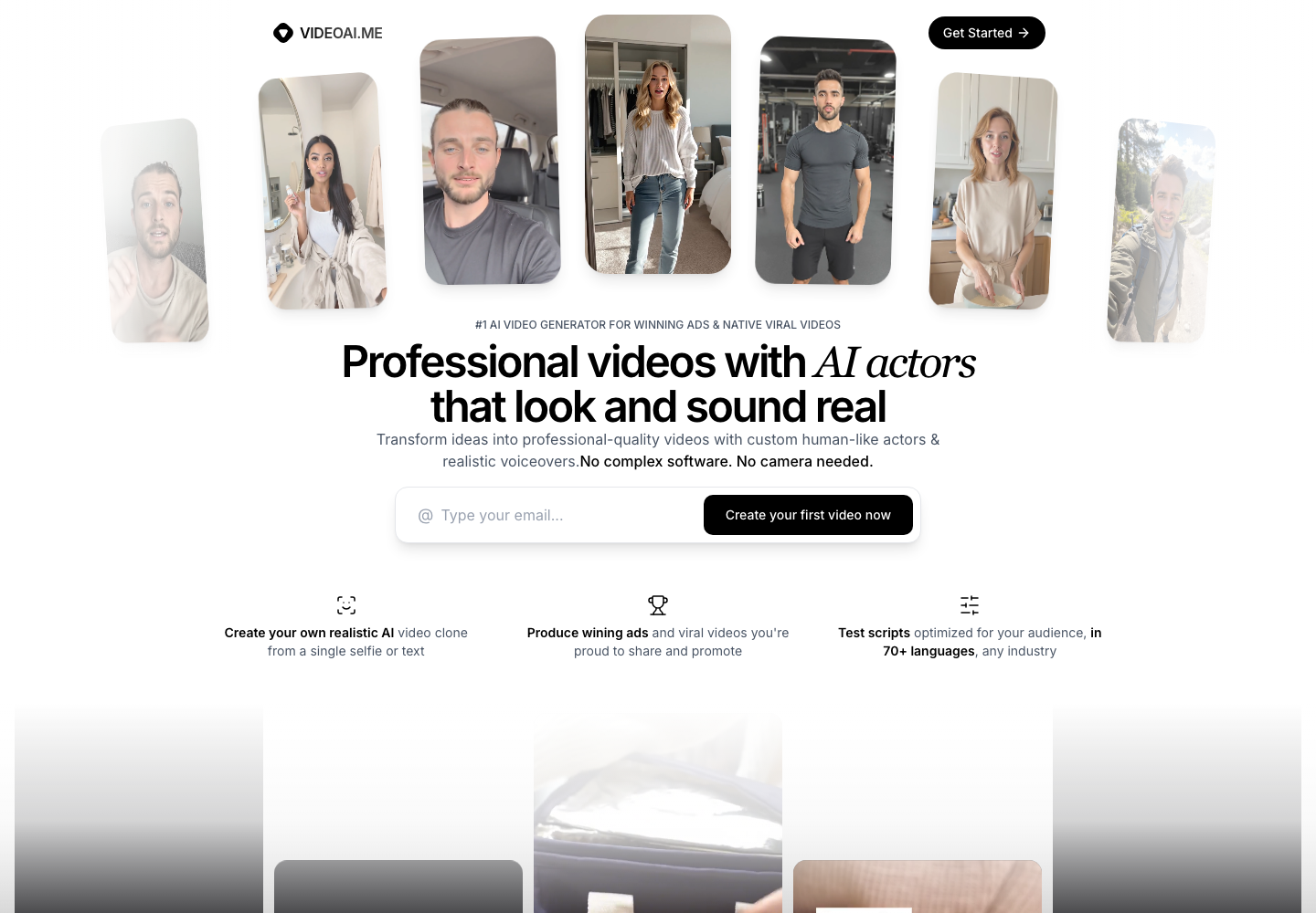VIDEO AI ME before the change. A white homepage presents the AI actor video promise and signup form.